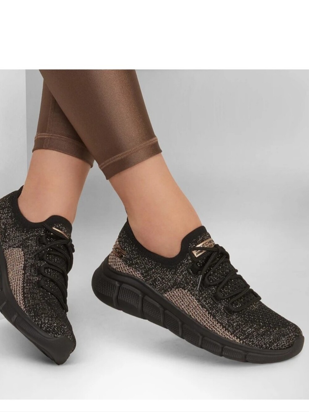 Skechers Black and Gold Knit Lace-Up Slip-On Sneakers